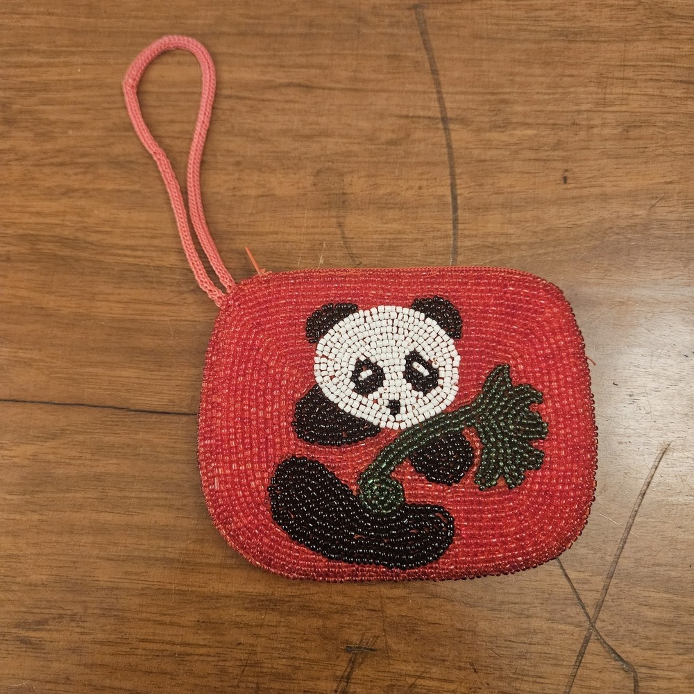 Panda Bear Holding Bamboo Leaf Beaded Wristlet‎ Change Coin Purse Red